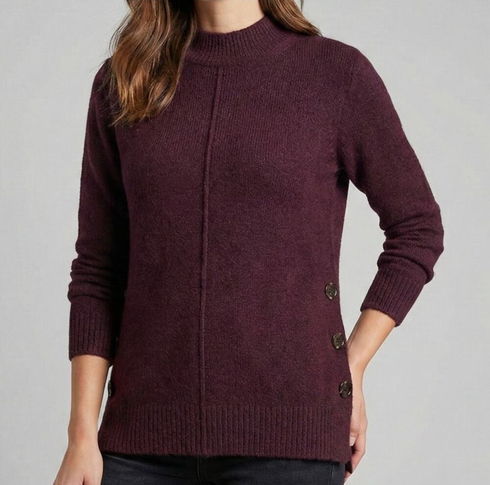 Peyton Primrose Medium Sweater Purple Mock Neck Buttons Super Soft